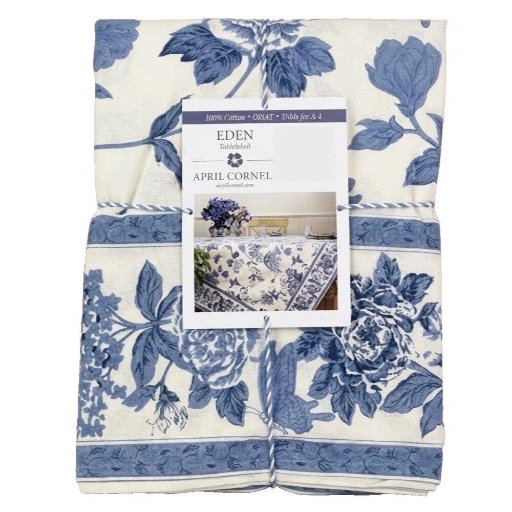 April Cornell Eden Floral Tablecloth 60x84 Blue white Seats 6-8 Cotton Cottage